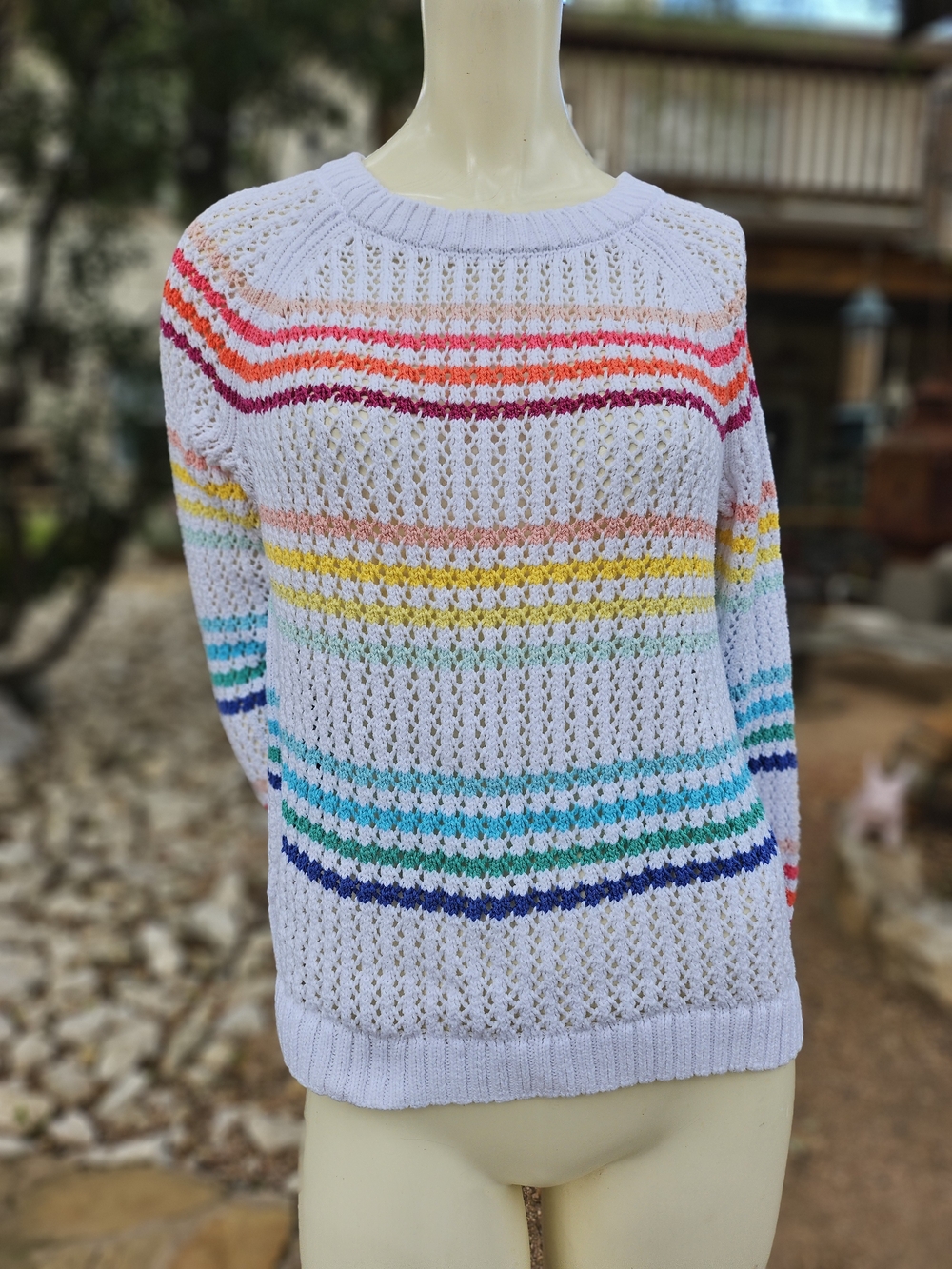 Talbots White Open-Knit Crewneck Sweater with Rainbow Stripes Lp